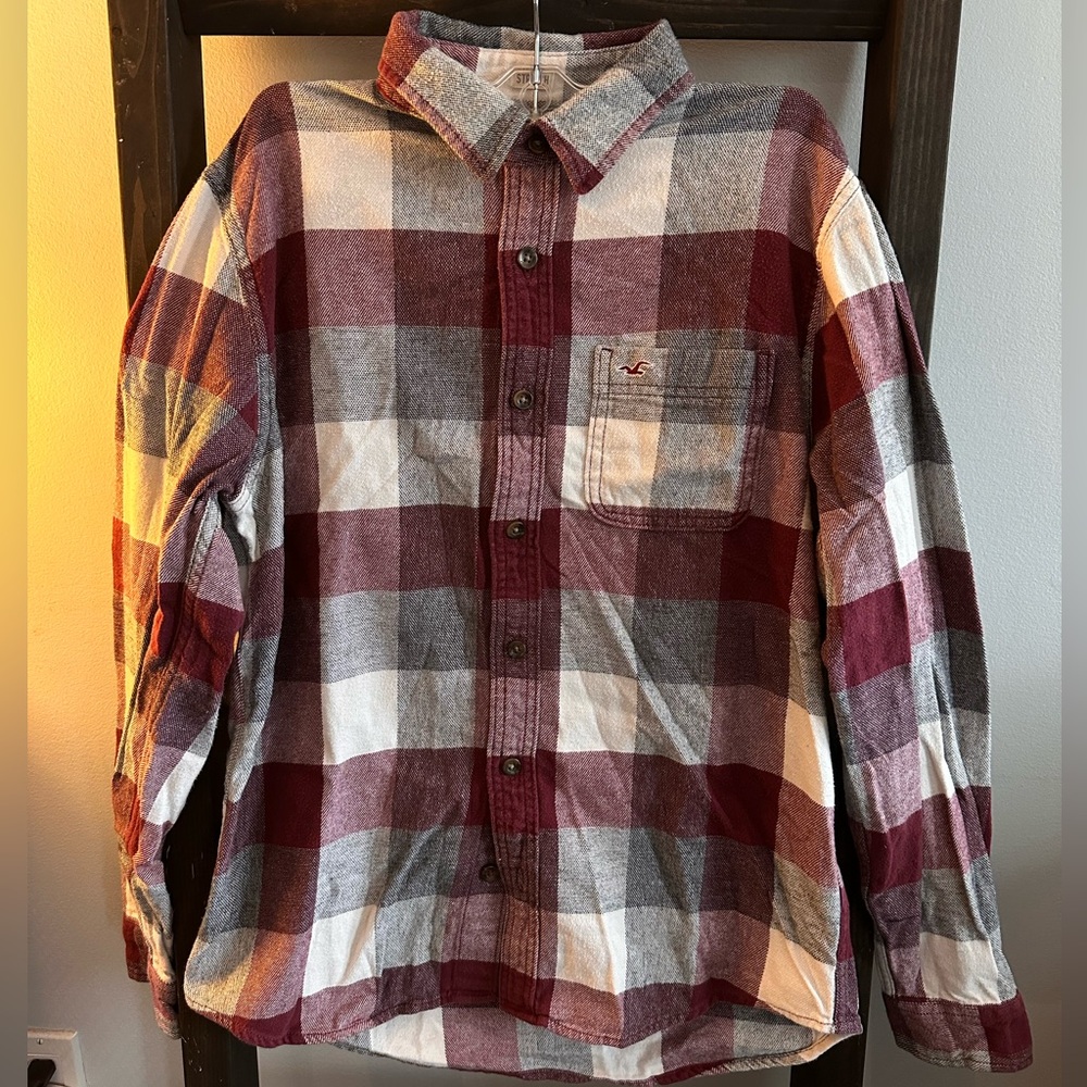 Hollister Burgundy (red), Gray & White Plaid Stretch Button-Down Shirt